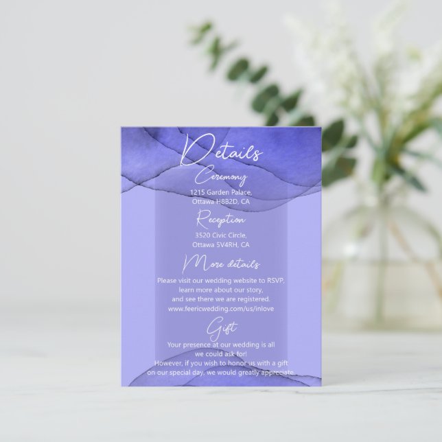 Tarjeta De Recepción Detalles del boda de lavanda violeta azul (Anverso de pie)