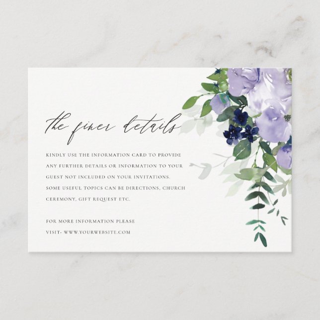 Tarjeta De Recepción Detalles del Boda de leafía floral violeta rusa mo (Anverso)