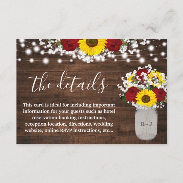 Tarjeta De Recepción Detalles del Boda de los girasoles Mason Jar Light (Anverso)