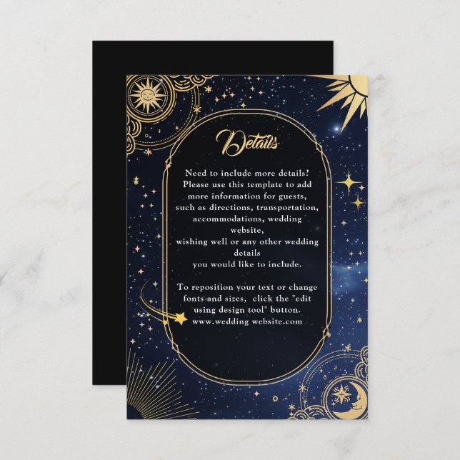 Tarjeta De Recepción Detalles del boda de luna y sol celestial (Anverso / Reverso)
