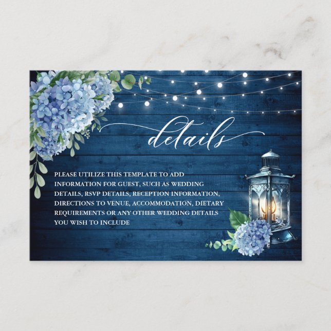 Tarjeta De Recepción Detalles del Boda de madera de linterna de Hydrang (Anverso)