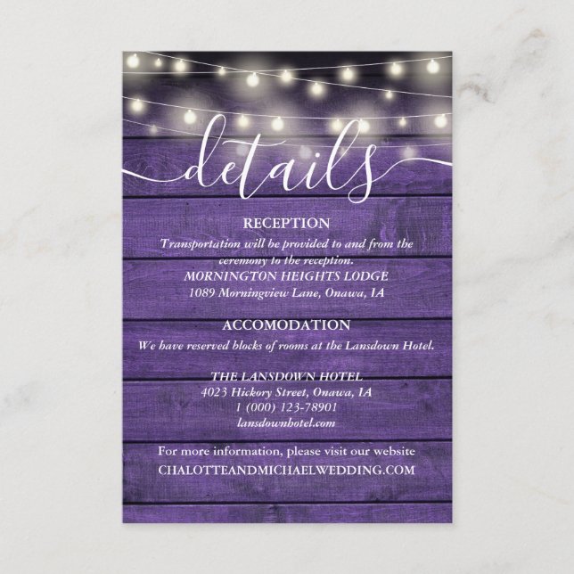 Tarjeta De Recepción Detalles del Boda de Madera Púrpura Rústica (Anverso)
