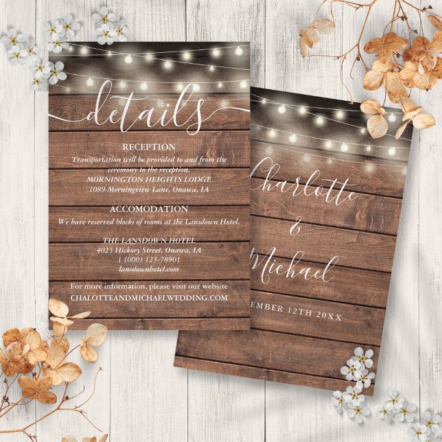 Tarjeta De Recepción Detalles del Boda de Madera Rusa (String Lights Rustic Wood Wedding Details Enclosure Card)