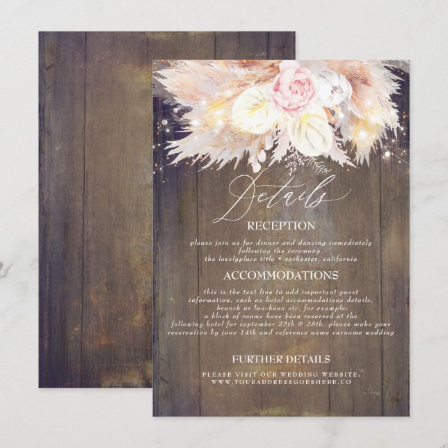 Tarjeta De Recepción Detalles del Boda de Madera Rústica Floral Pampas  (Anverso / Reverso)