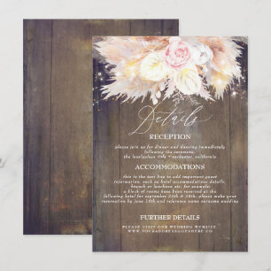 Tarjeta De Recepción Detalles del Boda de Madera Rústica Floral Pampas