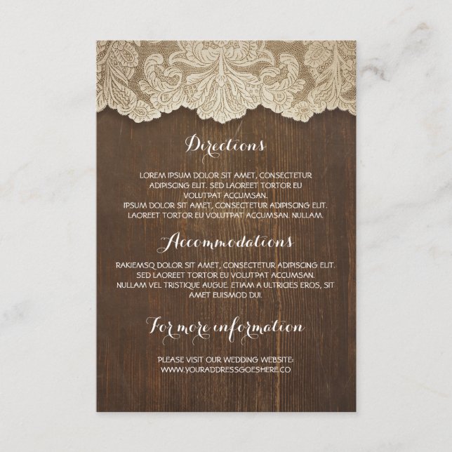 Tarjeta De Recepción Detalles del Boda de madera y encaje rústico - Inf (Anverso)