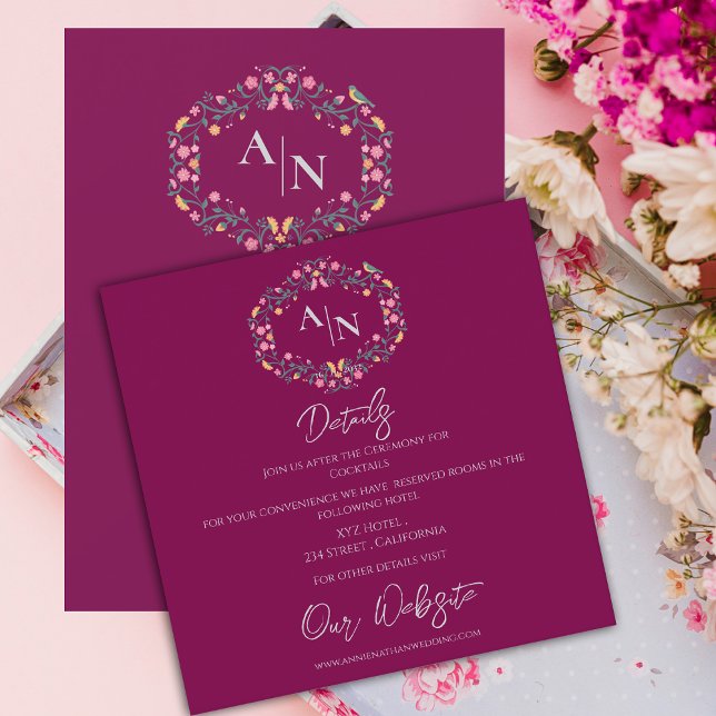 Tarjeta De Recepción Detalles del Boda de marco floral monograma elegan (Elegant Monogram Floral Frame Wedding Details Enclosure Card)
