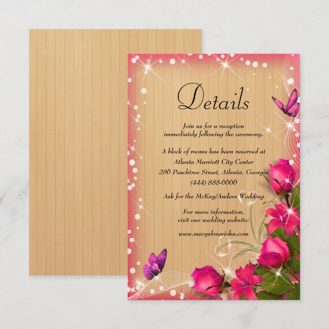 Tarjeta De Recepción Detalles del Boda de mariposa floral rosa de mader (Anverso / Reverso)
