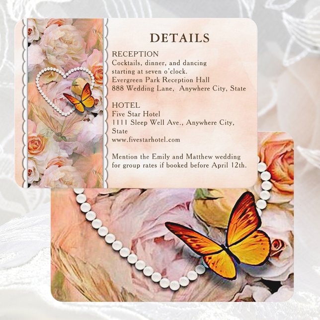 Tarjeta De Recepción Detalles del Boda  de mariposa Rosa floral cardiac (Heart Floral Rose Butterfly Wedding Guest Details Enclosure Card)
