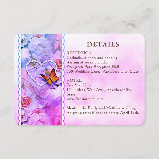 Tarjeta De Recepción Detalles del Boda de mariposa rosa floral cardíaca (Anverso)