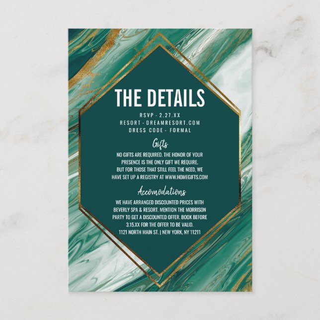 Tarjeta De Recepción Detalles del Boda de Mármol del resumen de oro de  (Anverso)