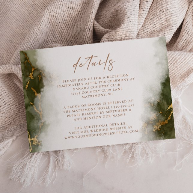 Tarjeta De Recepción Detalles del Boda de Mármol Olive Green Gold (Subido por el creador)