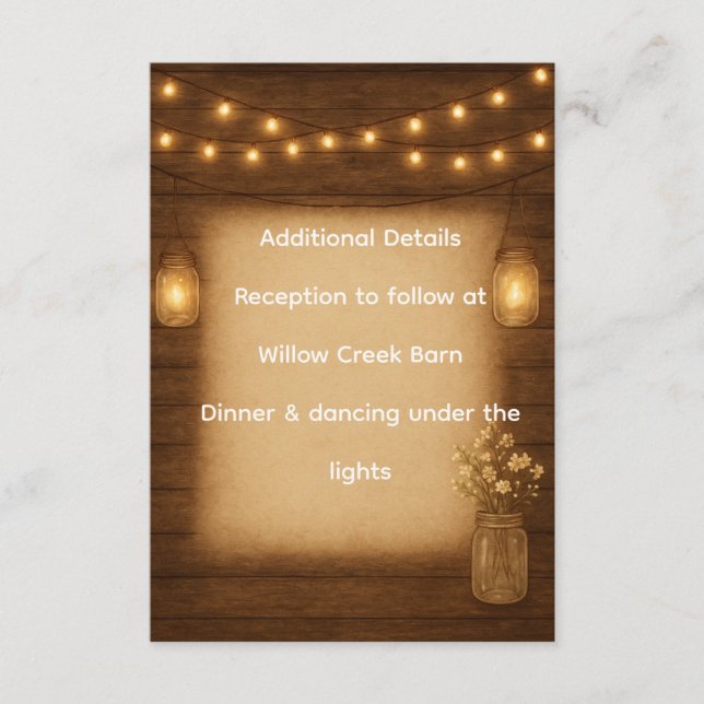 Tarjeta De Recepción Detalles del Boda de Mason Jar Rústico Insertar (Anverso)