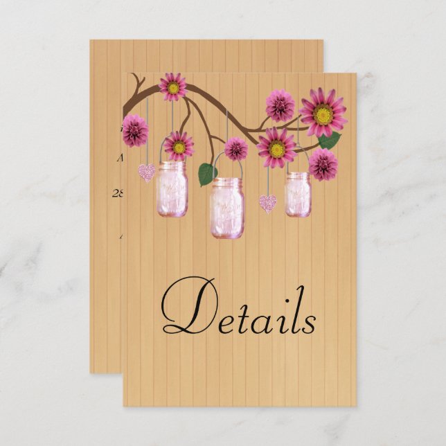 Tarjeta De Recepción Detalles del Boda de Mason Jars de flores rosadas  (Anverso / Reverso)