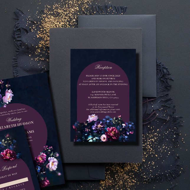 Tarjeta De Recepción Detalles del Boda de Mauve floral romántico oscuro (dark romantic wedding reception details jewel moody floral painting modern classic elegant formal)