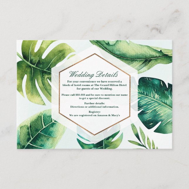 Tarjeta De Recepción Detalles del Boda de Moda blanca de hojas tropical (Anverso)