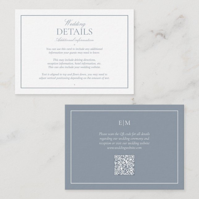 Tarjeta De Recepción Detalles del Boda de Monograma Azul Dusty moderno  (Anverso / Reverso)
