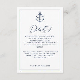 Tarjeta De Recepción Detalles del Boda de monograma de anclaje náutico