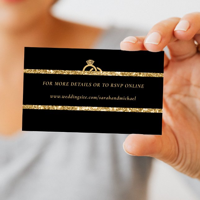 Tarjeta De Recepción Detalles del Boda de Monograma de Purpurina Negro  (Black & Gold Glitter Monogram Wedding Details RSVP Enclosure Card)