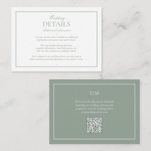Tarjeta De Recepción Detalles del Boda de monograma verde moderno con c (Anverso / Reverso)