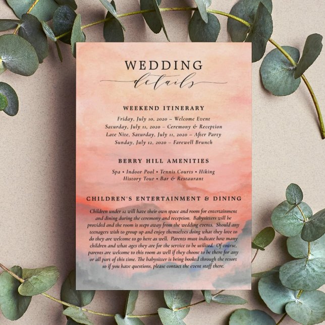 Tarjeta De Recepción Detalles del Boda de montaña (This mountain sunset watercolor detail card outlines the weekend destination wedding events.)