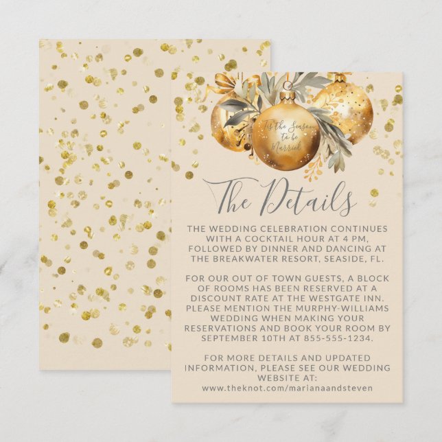 Tarjeta De Recepción Detalles del Boda de Navidades beiges de oro (Anverso / Reverso)