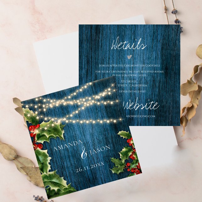 Tarjeta De Recepción Detalles del Boda de Navidades de Blue Wood String (Blue Wood String Lights Christmas Wedding Details Enclosure Card)