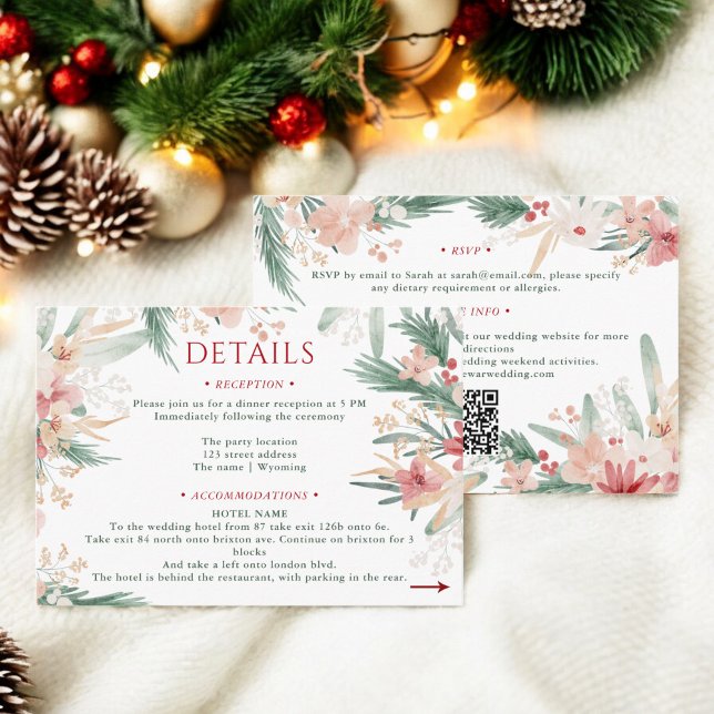 Tarjeta De Recepción Detalles del Boda de Navidades florales de Winter  (Winter Wonderland Floral Christmas Wedding Details Enclosure Card)