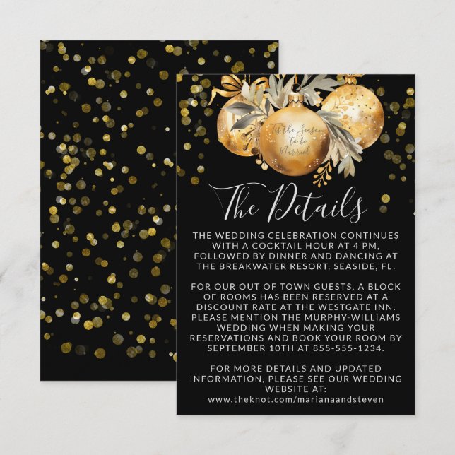 Tarjeta De Recepción Detalles del Boda de Navidades negros Gold (Anverso / Reverso)