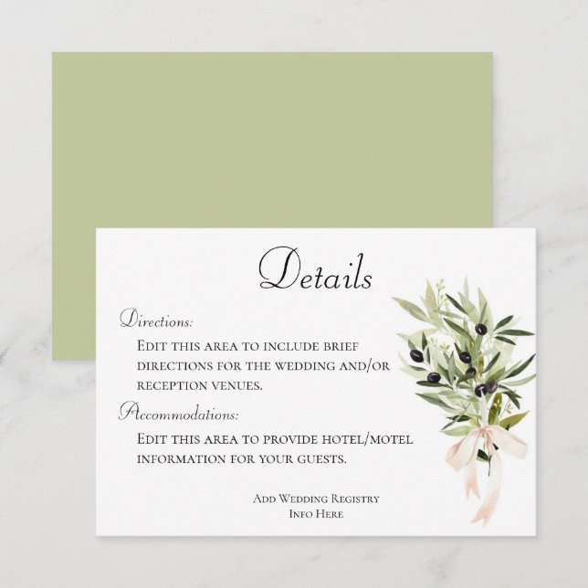 Tarjeta De Recepción Detalles del Boda de Olive Branch Bouquets (Anverso / Reverso)