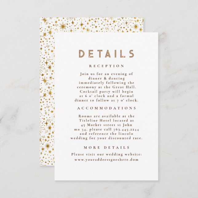 Tarjeta De Recepción Detalles del Boda de oro blanco celeste de noche e (Anverso / Reverso)