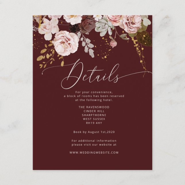 Tarjeta De Recepción Detalles del boda de oro burgundy de otoño (Anverso)