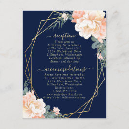 Tarjeta De Recepción Detalles del Boda de oro floral de la moda Navy Bl