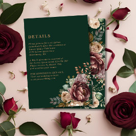 Tarjeta De Recepción Detalles del Boda de oro floral verde esmeralda
