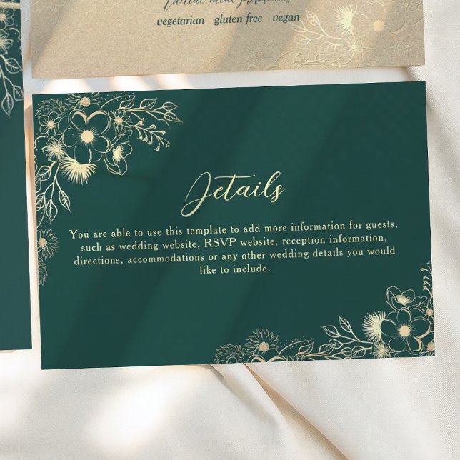 Tarjeta De Recepción Detalles del Boda de oro verde esmeralda (Subido por el creador)