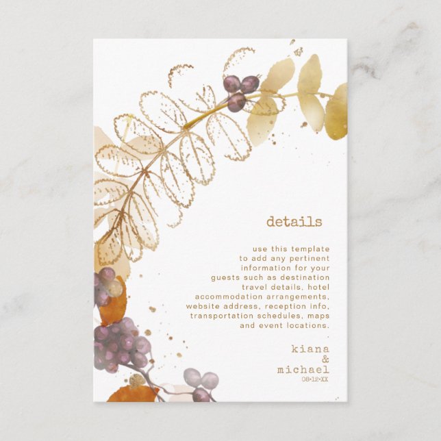 Tarjeta De Recepción Detalles del Boda de Otoño Dorado Berries ID655 (Anverso)
