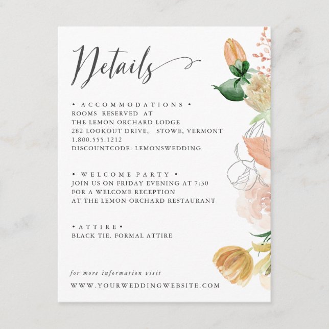 Tarjeta De Recepción Detalles del BODA de paleta Naranja de verano tard (Anverso)