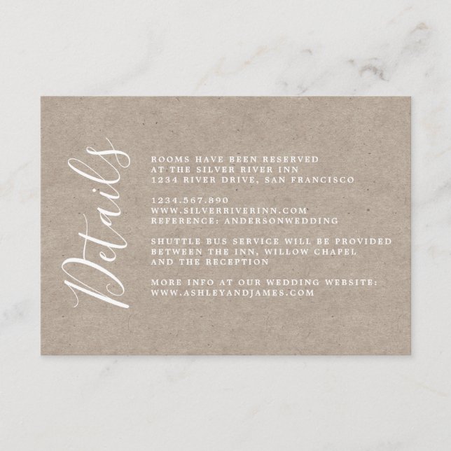 Tarjeta De Recepción Detalles del Boda de papel Kraft para caligrafía d (Anverso)