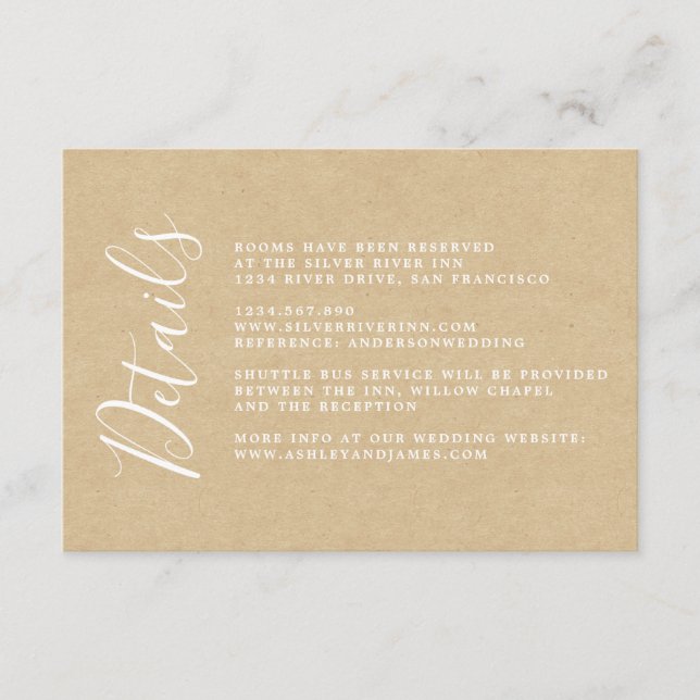 Tarjeta De Recepción Detalles del Boda de papel Kraft para caligrafía d (Anverso)