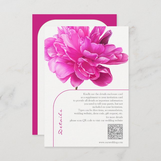 Tarjeta De Recepción Detalles del Boda de Peony Rosa Brillante (Anverso / Reverso)