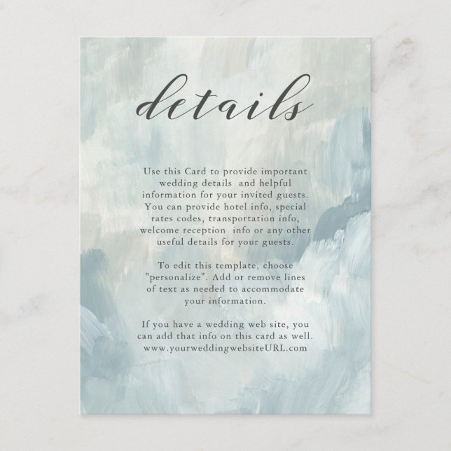 Tarjeta De Recepción Detalles del Boda de pincel de resumen azul (Anverso)
