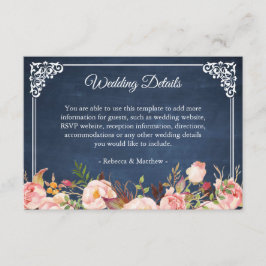 Tarjeta De Recepción Detalles del Boda de pizarra floral azul rustica