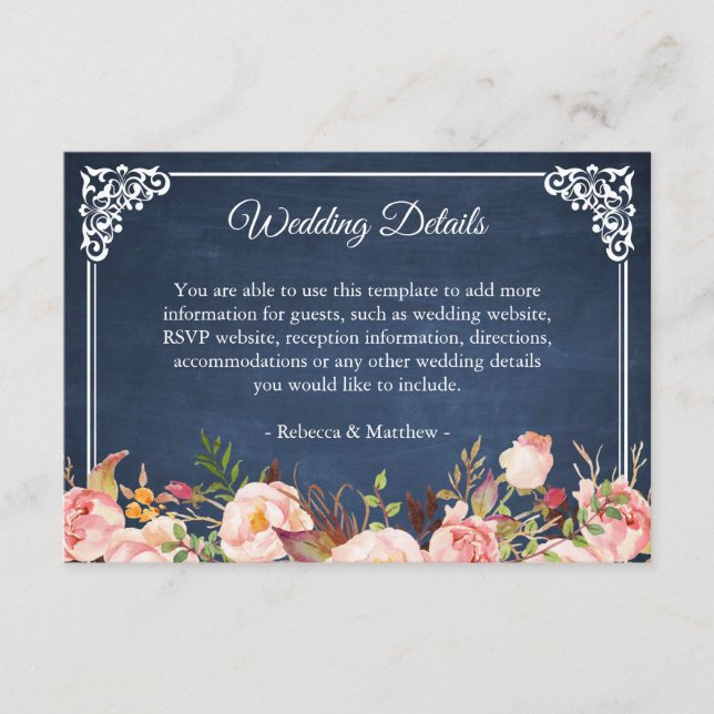 Tarjeta De Recepción Detalles del Boda de pizarra floral azul rustica (Anverso)