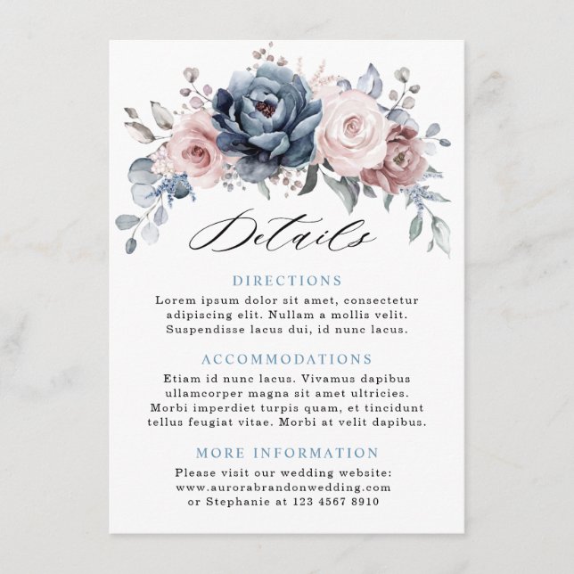 Tarjeta De Recepción Detalles del Boda de pizarra rosa Dusty Blue Mauve (Anverso)