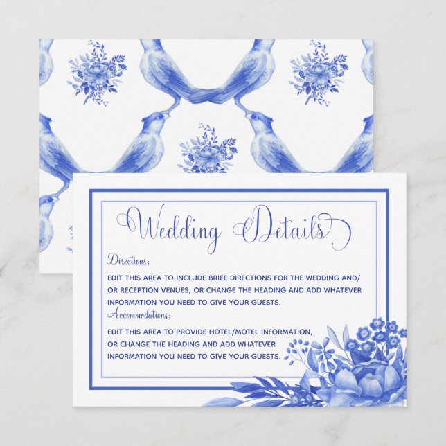 Tarjeta De Recepción Detalles del Boda de porcelana floral azul y blanc (Anverso / Reverso)