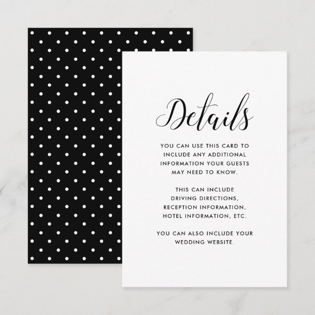 Tarjeta De Recepción Detalles del Boda de puntos blancos y negros de mo (Anverso / Reverso)