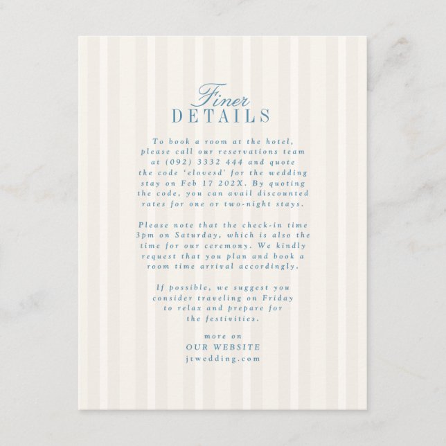 Tarjeta De Recepción Detalles del boda de rayas de crema azul franco (Anverso)