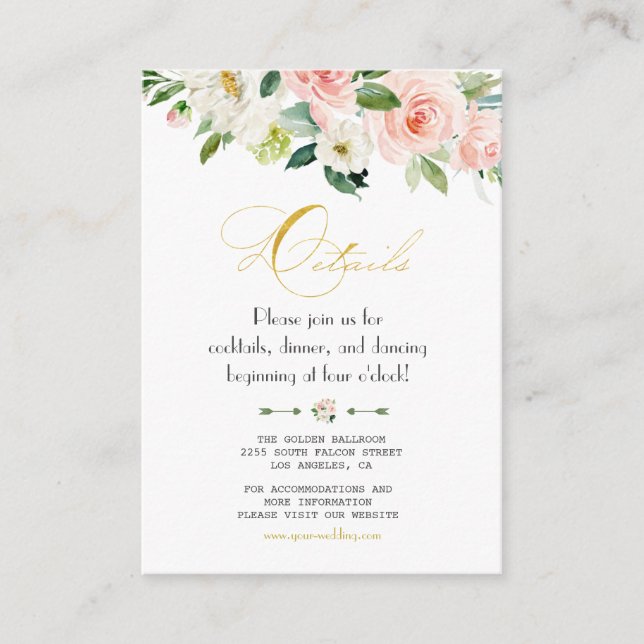 Tarjeta De Recepción Detalles del Boda de Relieve metalizado dorado flo (Anverso)