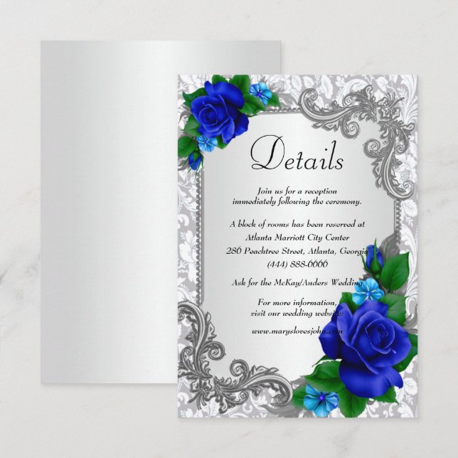 Tarjeta De Recepción Detalles del Boda de Rosas azules elegantes (Anverso / Reverso)