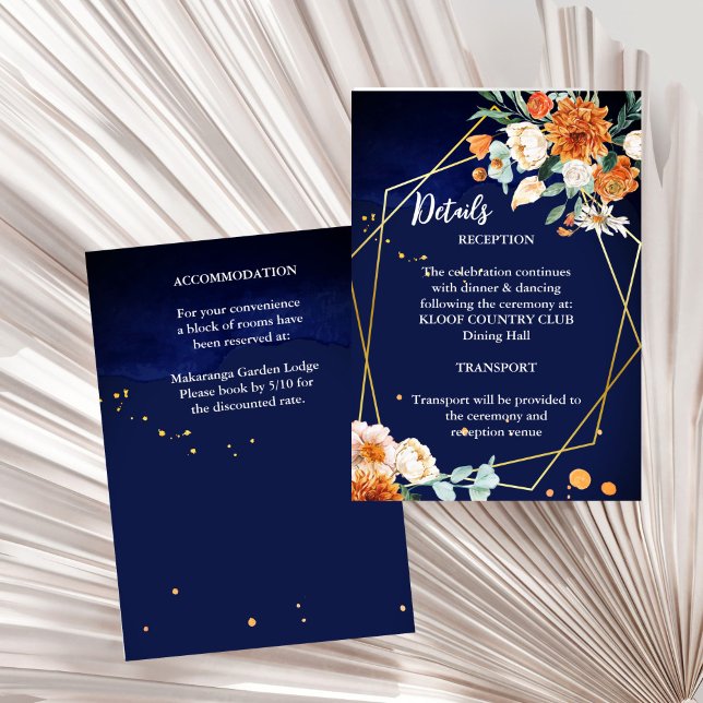 Tarjeta De Recepción Detalles del boda de rosas blancas naranja azul de (Navy blue orange white roses gold geometrical frame wedding details enclosure card invitation suite)
